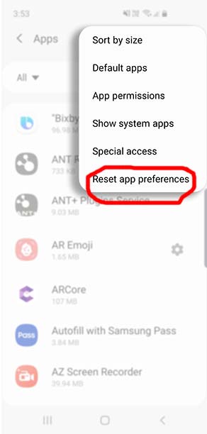 reset apps perference on galaxy s10